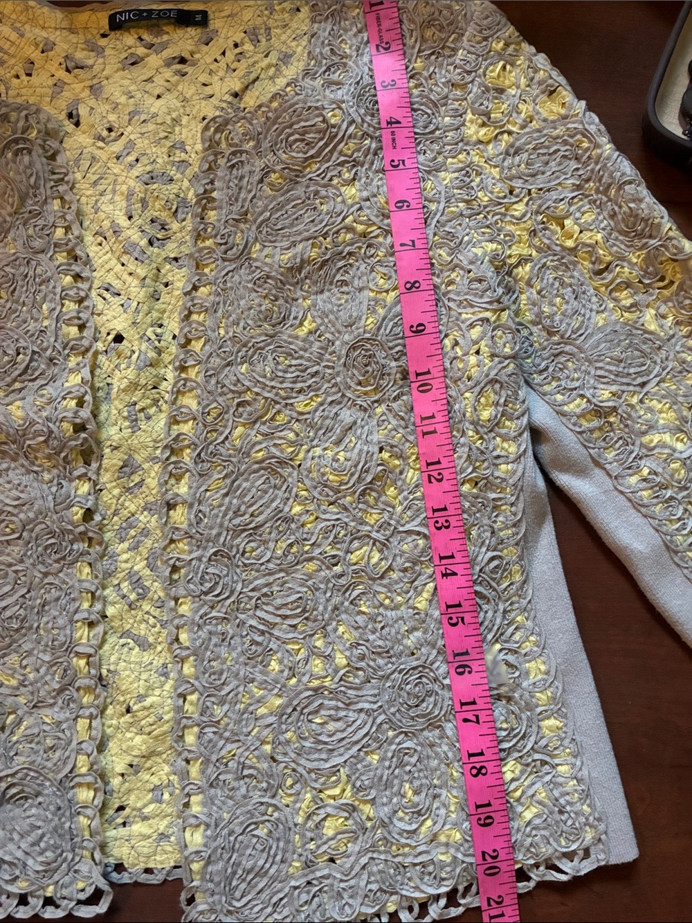 NIC+ZOE Yellow & Gray Lace-Overlay Open Cardigan Jacket size M - Picture 10 of 10